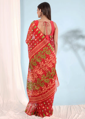 Red Tant Jamdani Saree Without Blouse Piece