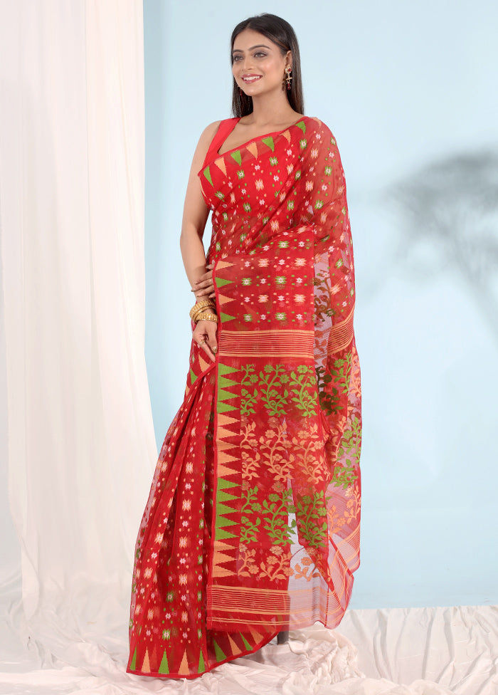 Red Tant Jamdani Saree Without Blouse Piece