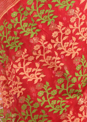 Red Tant Jamdani Saree Without Blouse Piece