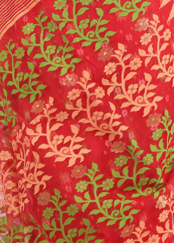 Red Tant Jamdani Saree Without Blouse Piece