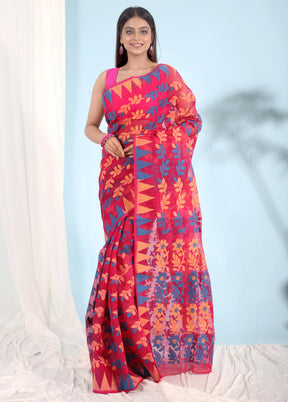 Pink Tant Jamdani Saree Without Blouse Piece