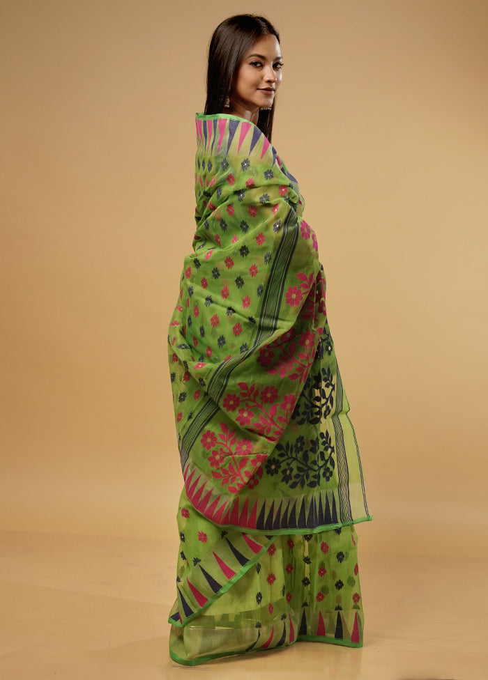 Green Tant Jamdani Saree Without Blouse Piece