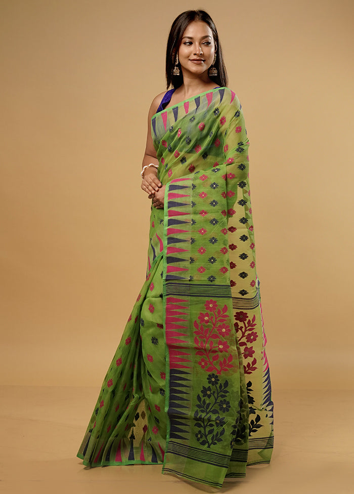 Green Tant Jamdani Saree Without Blouse Piece