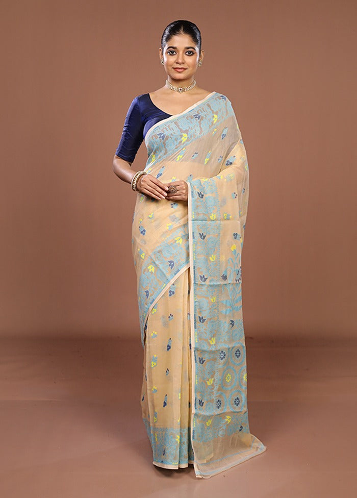 Cream Jamdani Cotton Saree Without Blouse Piece