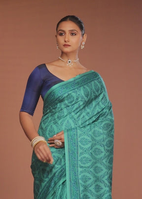 Green Handloom Printed Pure Silk Saree Without Blouse Piece
