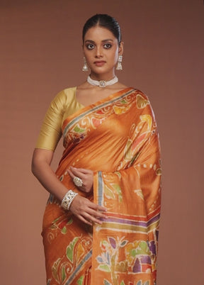 Yellow Handloom Tussar Pure Silk Saree With Blouse Piece