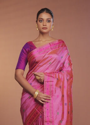 Pink Handloom Assam Pure Silk Saree With Blouse Piece