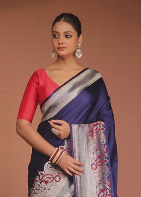 Blue Handloom Banarasi Pure Silk Saree With Blouse Piece