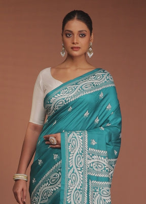Green Handloom Kantha Stitch Pure Silk Saree With Blouse Piece
