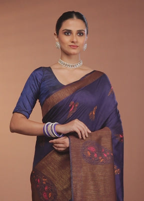 Blue Dupion Silk Saree With Blouse Piece
