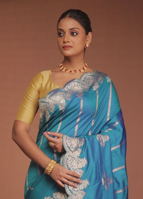 Blue Handloom Katan Pure Silk Saree With Blouse Piece
