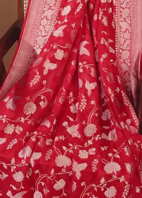Red Handloom Pure Khaddi Georgette Saree With Blouse Piece