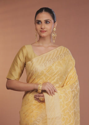 Yellow Kora Silk Saree With Blouse Piece