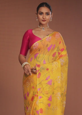Yellow Handloom Chiffon Pure Silk Saree With Blouse Piece