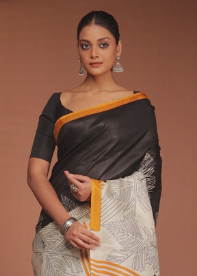 Black Printed Pure Silk Saree Without Blouse Piece
