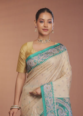 Cream Printed Pure Silk Saree Without Blouse Piece