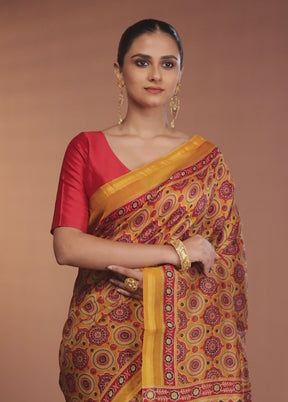 Yellow Chanderi Cotton Saree With Blouse Piece