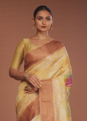 Yellow Handloom Tussar Pure Silk Saree With Blouse Piece