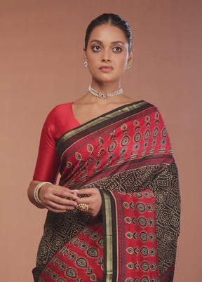 Black Chanderi Cotton Saree With Blouse Piece