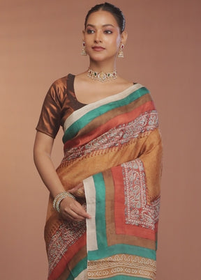 Rust Printed Pure Silk Saree Without Blouse Piece