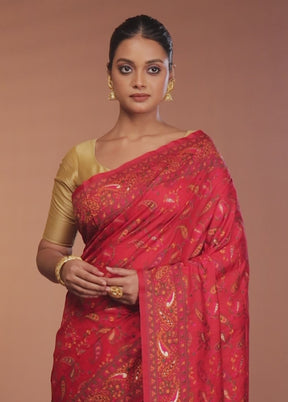 Red Dupion Silk Saree With Blouse Piece