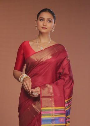Maroon Handloom Kalakshetra Pure Silk Saree With Blouse Piece