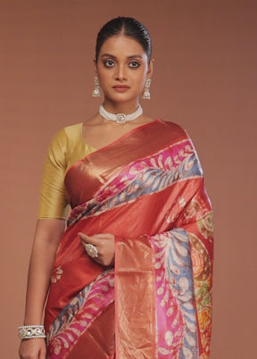 Rust Handloom Tussar Pure Silk Saree With Blouse Piece