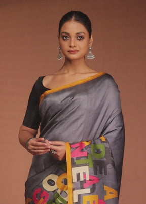 Grey Printed Pure Silk Saree Without Blouse Piece