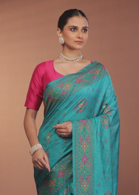 Green Dupion Silk Saree With Blouse Piece
