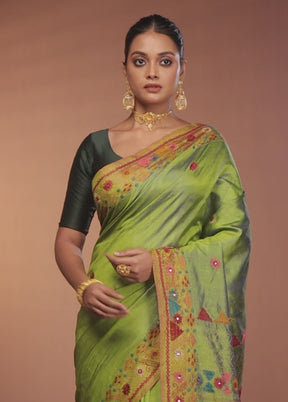 Green Handloom Printed Pure Silk Saree Without Blouse Piece
