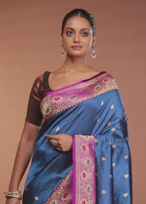 Blue Handloom Katan Pure Silk Saree With Blouse Piece