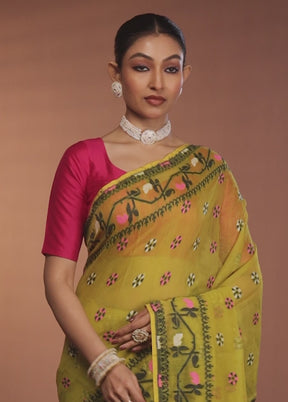 Green Tant Jamdani Saree Without Blouse Piece