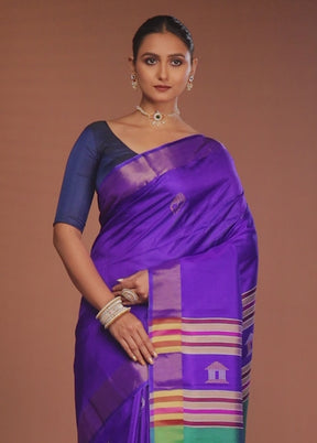 Blue Handloom Kalakshetra Pure Silk Saree With Blouse Piece