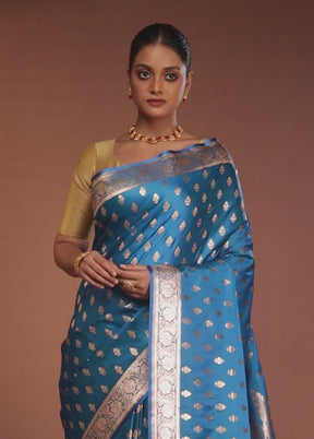 Blue Banarasi Silk Saree With Blouse Piece