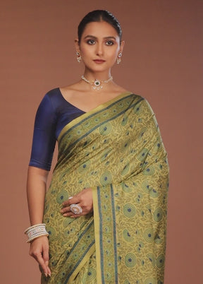 Green Handloom Printed Pure Silk Saree Without Blouse Piece