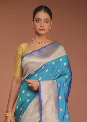 Blue Handloom Katan Pure Silk Saree With Blouse Piece