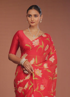 Red Handloom Chiffon Pure Silk Saree With Blouse Piece