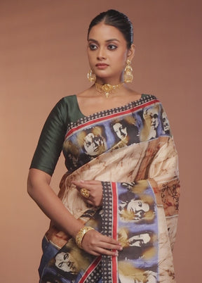 Cream Handloom Printed Pure Silk Saree Without Blouse Piece