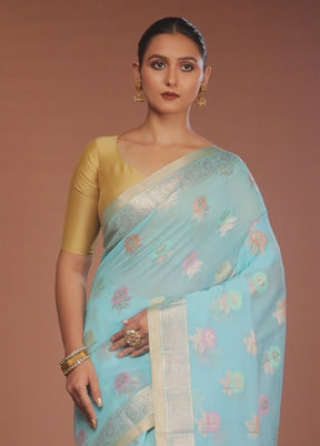 Blue Kora Silk Saree With Blouse Piece