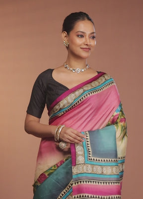 Blue Printed Pure Silk Saree Without Blouse Piece