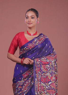 Blue Handloom Kantha Stitch Pure Silk Saree With Blouse Piece