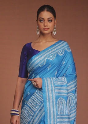 Blue Handloom Kantha Stitch Pure Silk Saree With Blouse Piece