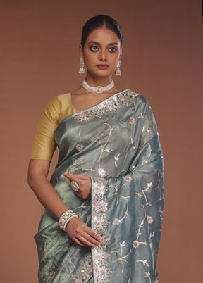 Blue Tissue Silk Saree With Blouse Piece