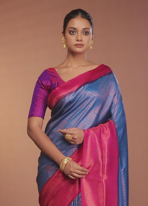 Blue Dupion Silk Saree With Blouse Piece