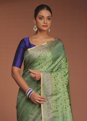 Green Handloom Jamewar Pure Silk Saree With Blouse Piece