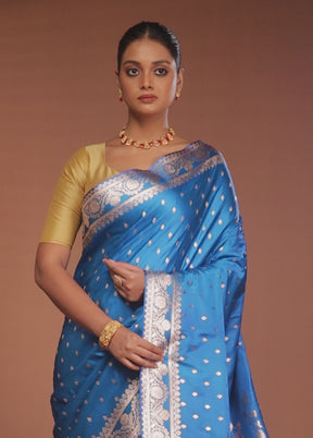 Blue Banarasi Silk Saree With Blouse Piece