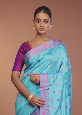 Blue Handloom Assam Pure Silk Saree With Blouse Piece