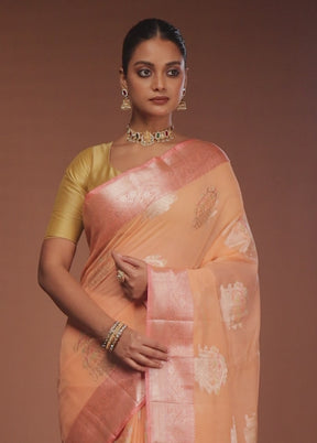 Peach Kora Silk Saree With Blouse Piece