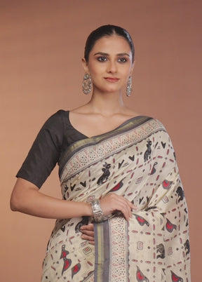Cream Chanderi Silk Saree With Blouse Piece