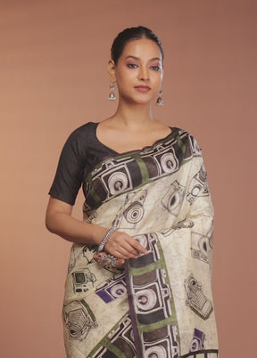 Cream Handloom Printed Pure Silk Saree Without Blouse Piece